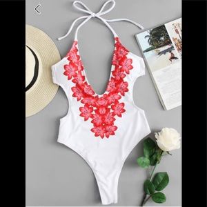 Flower print backless plunge monokini